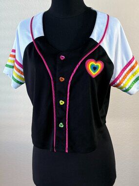 Y2K Rainbow Heart Crop Top Button Up Jersey Style Colorful Tee Large